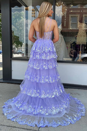 Lilac Corset Ruffled Long Prom Dress with Slit