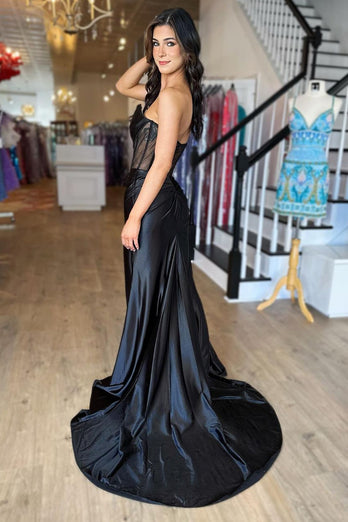 Black Corset Ruched Mermaid Long Prom Dress with Slit