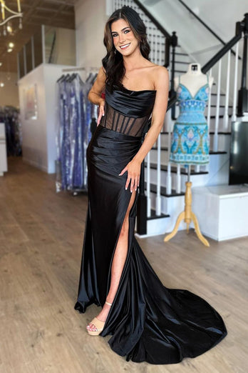 Black Corset Ruched Mermaid Long Prom Dress with Slit