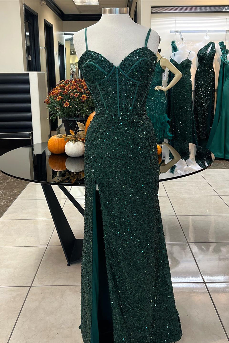 Load image into Gallery viewer, Sparkly Dark Green Corset Mermaid Long Prom Dress with Slit