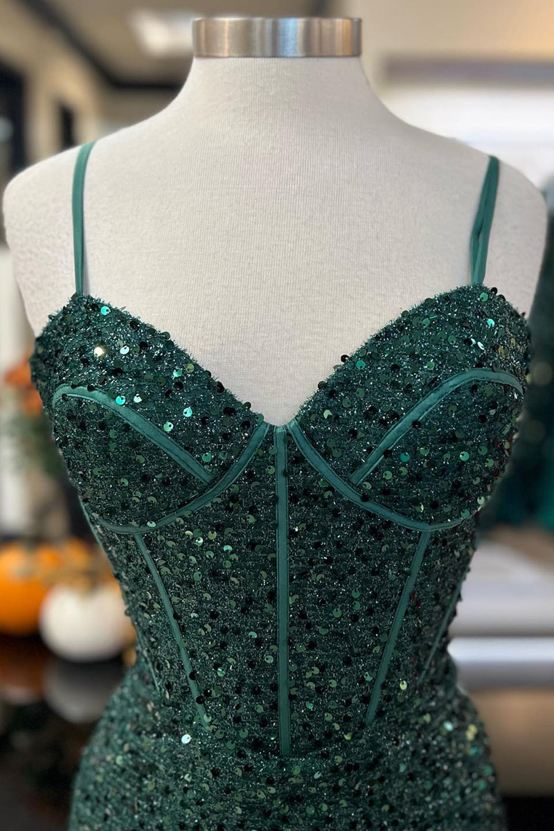 Load image into Gallery viewer, Sparkly Dark Green Corset Mermaid Long Prom Dress with Slit