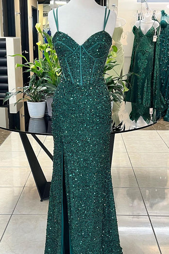 Sparkly Dark Green Corset Mermaid Long Prom Dress with Slit