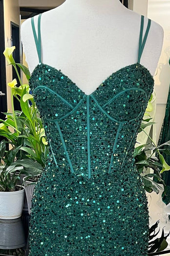 Sparkly Dark Green Corset Mermaid Long Prom Dress with Slit