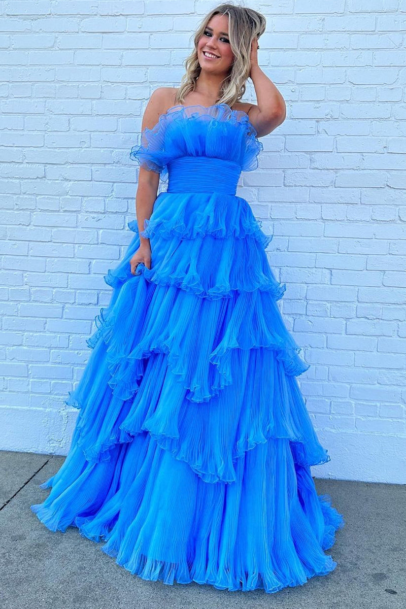 Load image into Gallery viewer, Blue Strapless Long Ruffled Prom Dress