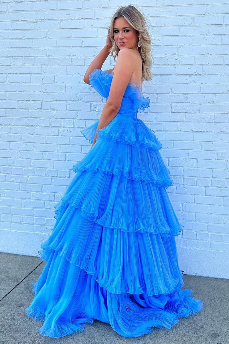 Load image into Gallery viewer, Blue Strapless Long Ruffled Prom Dress