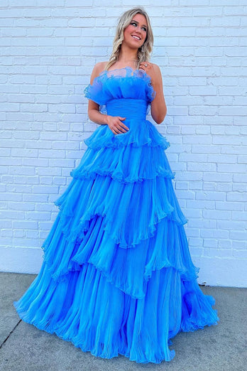 Blue Strapless Long Ruffled Prom Dress