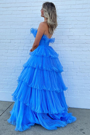 Blue Strapless Long Ruffled Prom Dress