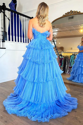 Blue Strapless Long Ruffled Prom Dress