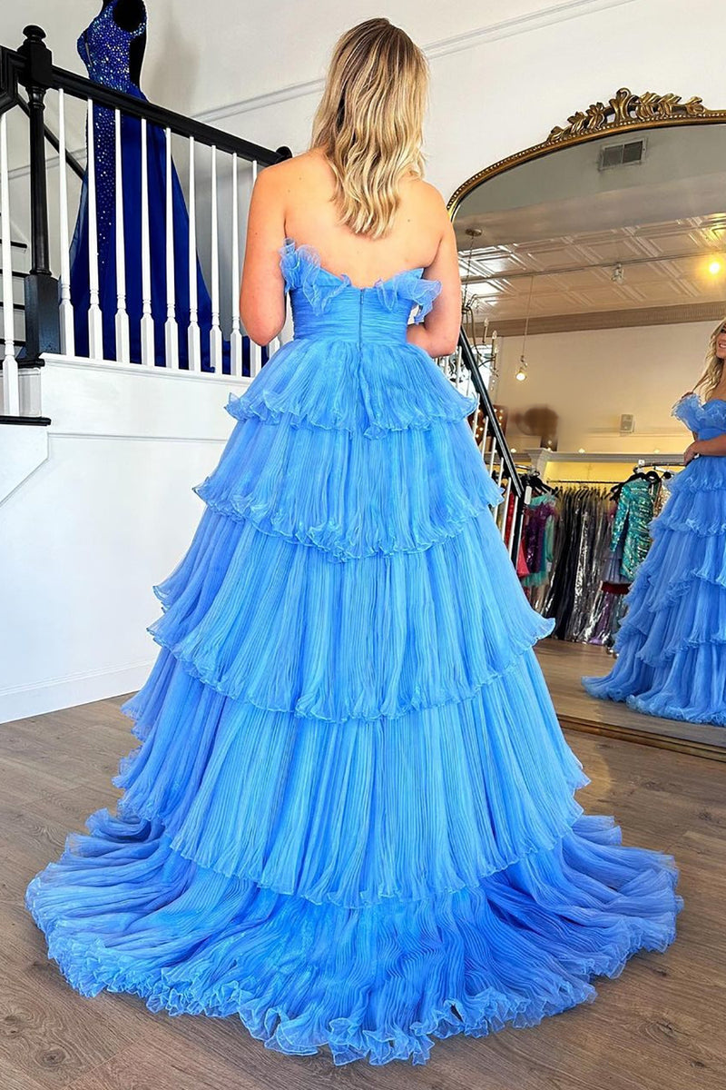 Load image into Gallery viewer, Blue Strapless Long Ruffled Prom Dress