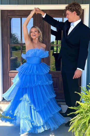 Blue Strapless Long Ruffled Prom Dress