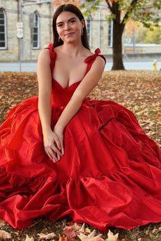 Red A-line Bow Tie Straps Satin Long Prom Dress