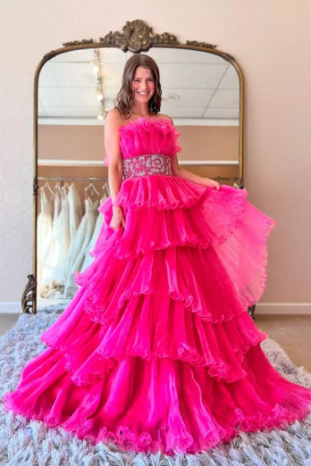 Fuchsia Strapless Ruffled Tiered A-line Long Prom Dress