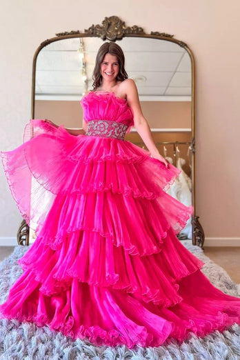 Fuchsia Strapless Ruffled Tiered A-line Long Prom Dress