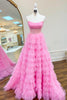 Load image into Gallery viewer, Glitter Pink Ruffled Corset Long Tulle Prom Dress