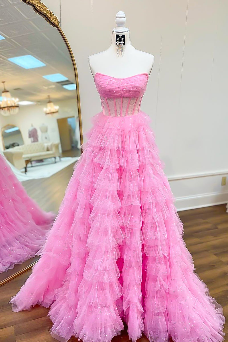 Load image into Gallery viewer, Glitter Pink Ruffled Corset Long Tulle Prom Dress