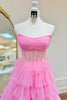 Load image into Gallery viewer, Glitter Pink Ruffled Corset Long Tulle Prom Dress