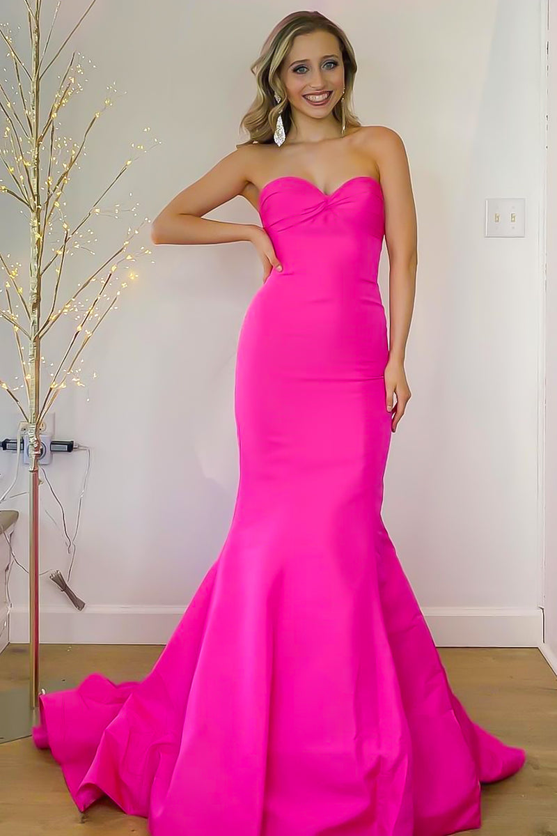 Load image into Gallery viewer, Hot Pink Sweetheart Mermaid Satin Long Prom Dress