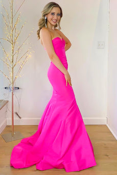 Hot Pink Sweetheart Mermaid Satin Long Prom Dress