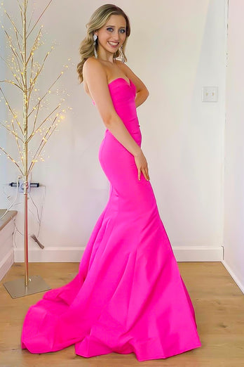 Hot Pink Sweetheart Mermaid Satin Long Prom Dress