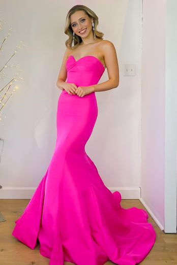 Hot Pink Sweetheart Mermaid Satin Long Prom Dress