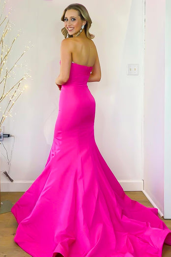 Hot Pink Sweetheart Mermaid Satin Long Prom Dress