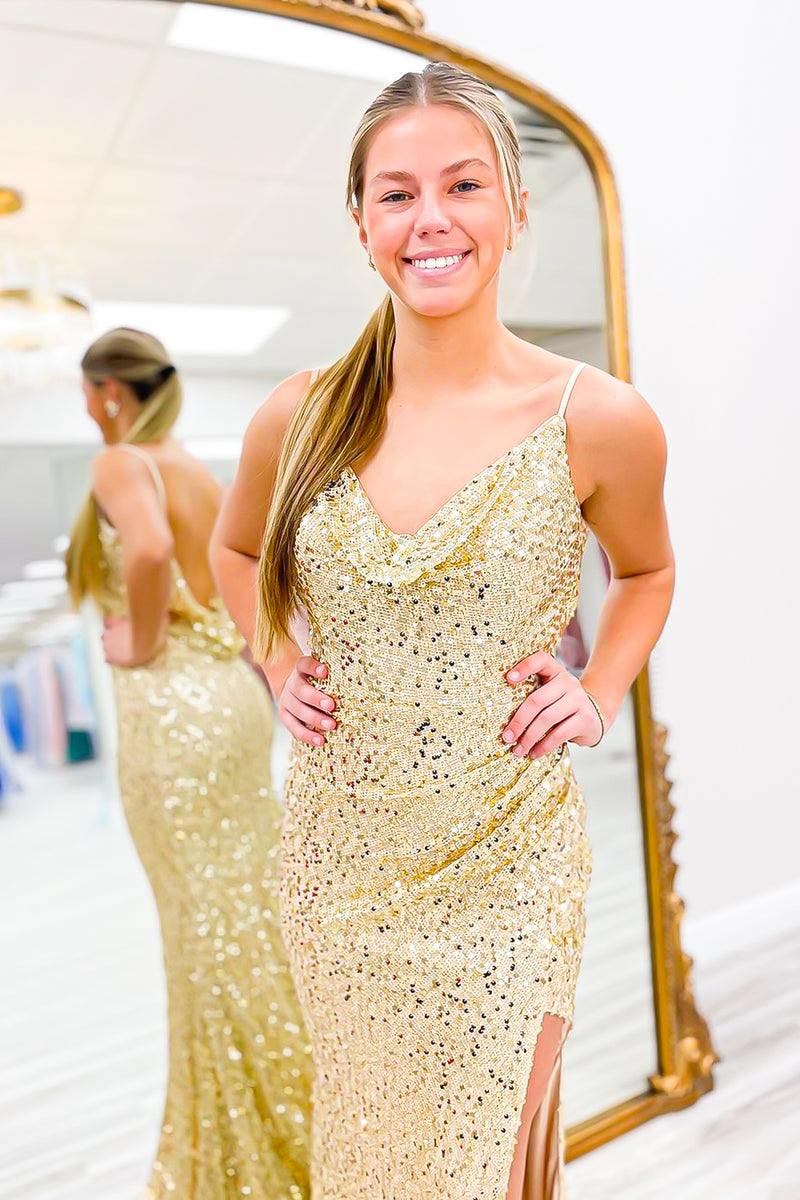 Load image into Gallery viewer, Golden Cowl Neck Sequins Mermaid Long Prom Dress with Slit