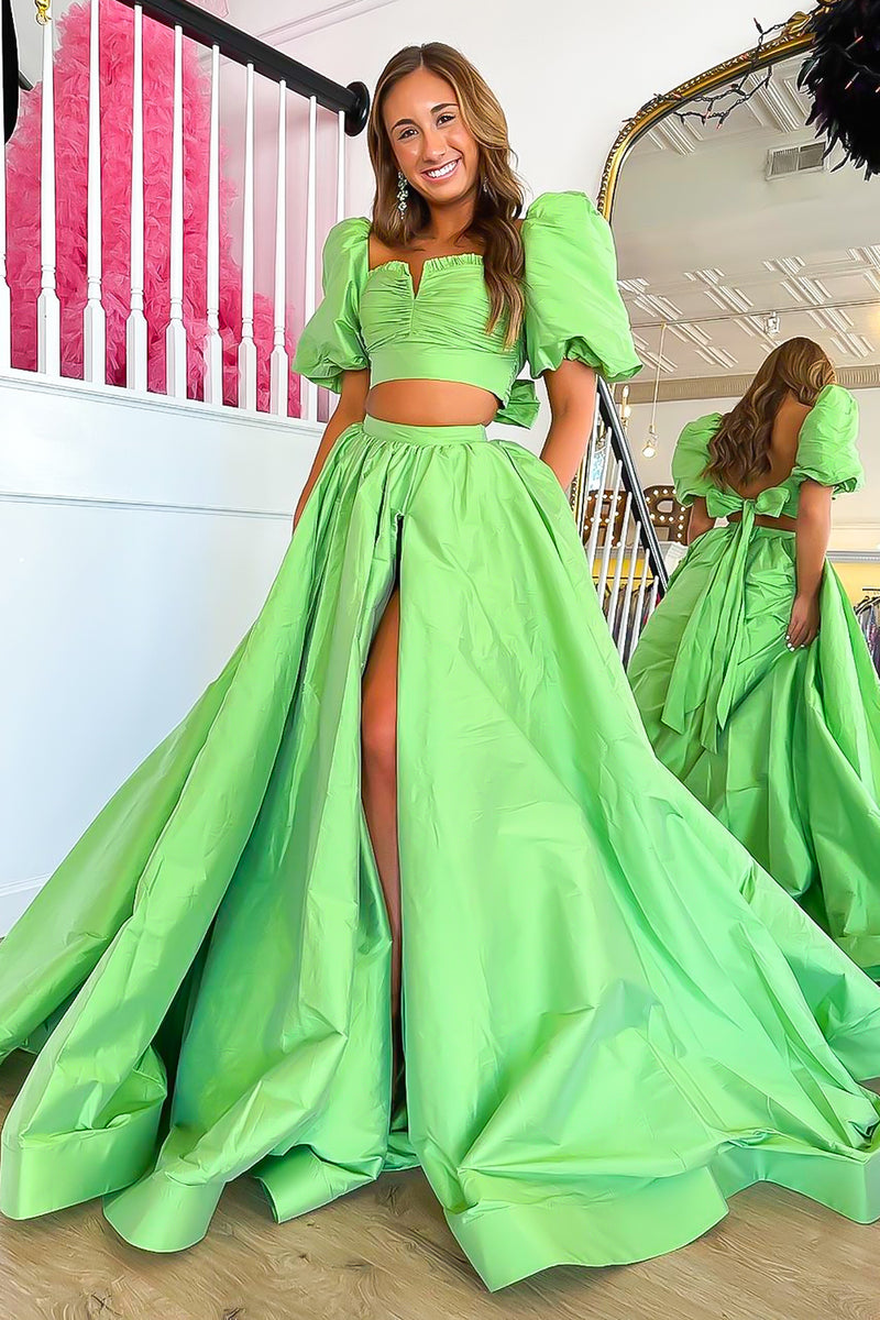 Load image into Gallery viewer, Green Two-Piece Puff Sleeves A-line Long Prom Dress with Slit