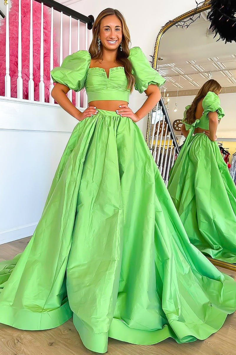 Load image into Gallery viewer, Green Two-Piece Puff Sleeves A-line Long Prom Dress with Slit