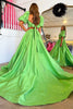 Load image into Gallery viewer, Green Two-Piece Puff Sleeves A-line Long Prom Dress with Slit