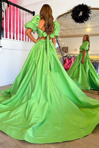 Green Two-Piece Puff Sleeves A-line Long Prom Dress with Slit