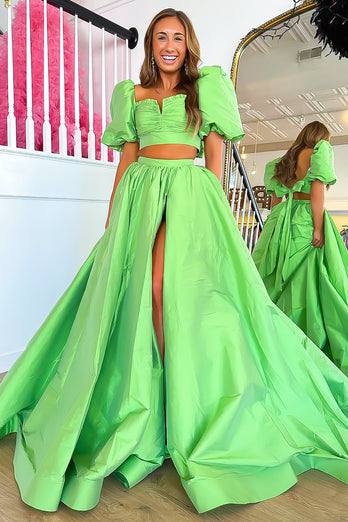 Green Two-Piece Puff Sleeves A-line Long Prom Dress with Slit