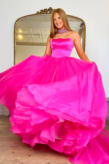 Fuchsia Strapless A-line Tulle Long Prom Dress