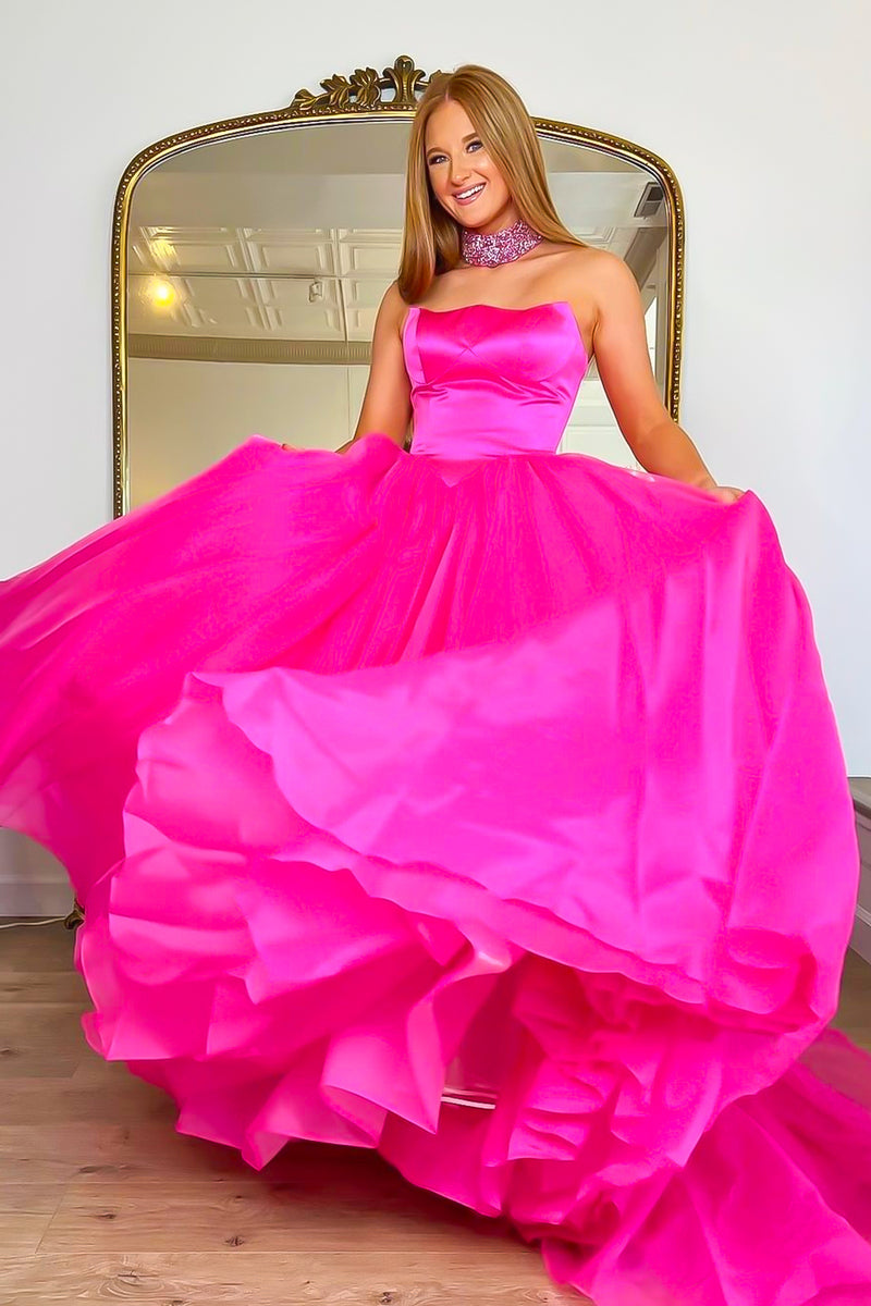 Load image into Gallery viewer, Fuchsia Strapless A-line Tulle Long Prom Dress