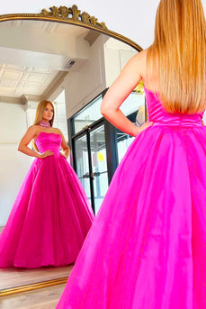 Fuchsia Strapless A-line Tulle Long Prom Dress