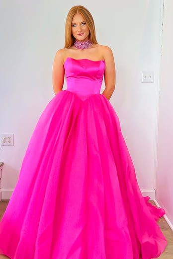 Fuchsia Strapless A-line Tulle Long Prom Dress