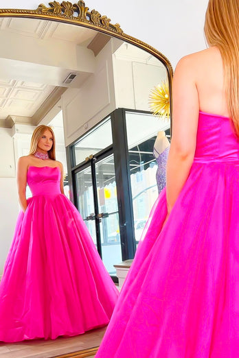 Fuchsia Strapless A-line Tulle Long Prom Dress