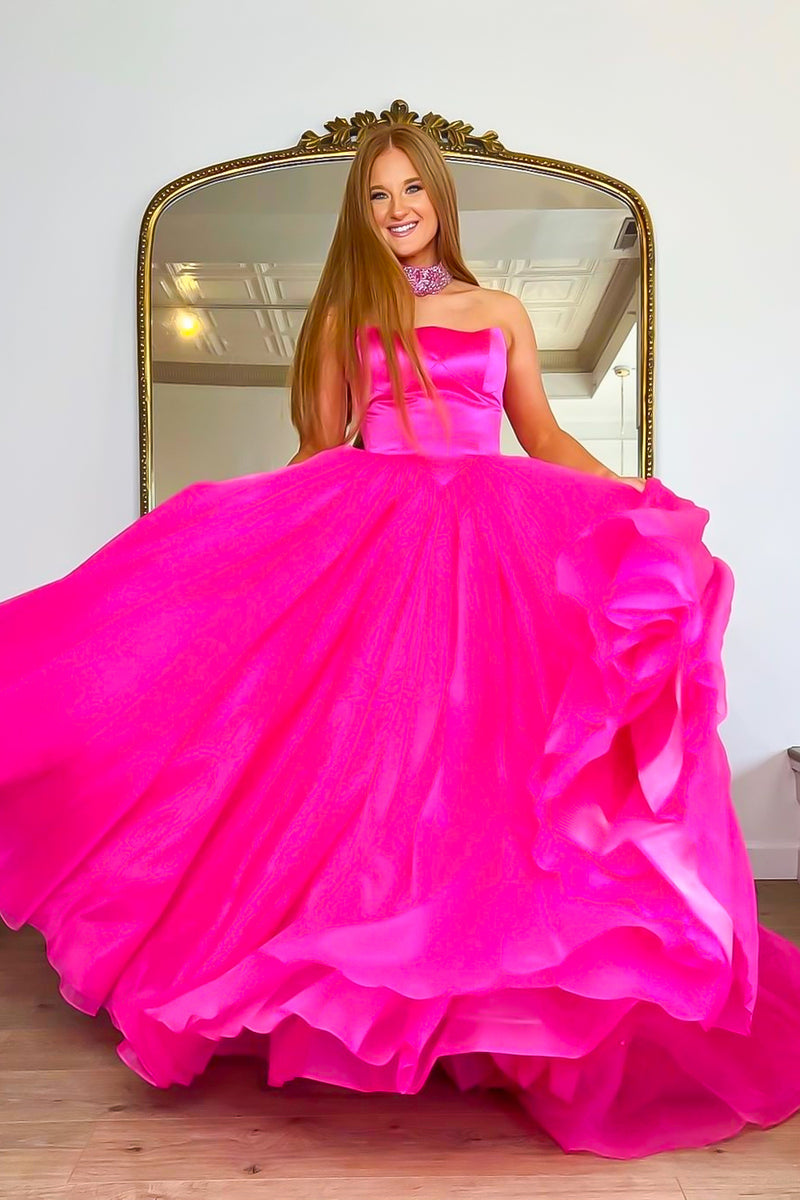 Load image into Gallery viewer, Fuchsia Strapless A-line Tulle Long Prom Dress