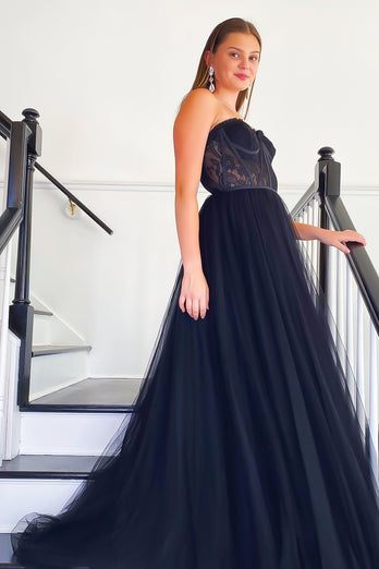 Black A-line Long Prom Dress with Lace_2