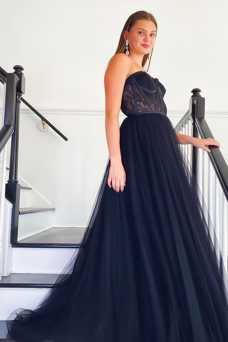 Load image into Gallery viewer, Black A-line Long Prom Dress with Lace_2