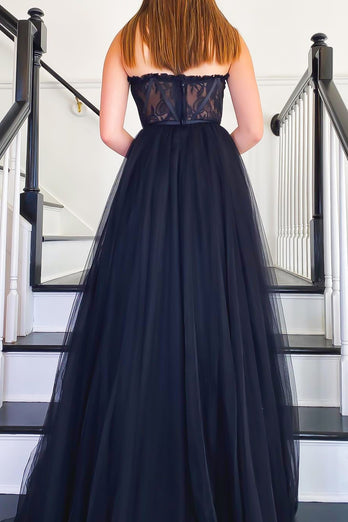 Black A-line Long Prom Dress with Lace_4