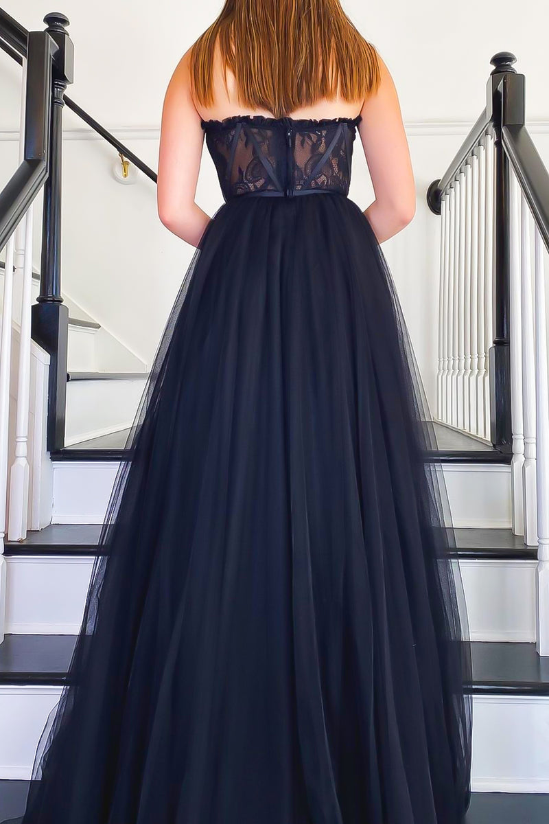 Load image into Gallery viewer, Black A-line Long Prom Dress with Lace_4