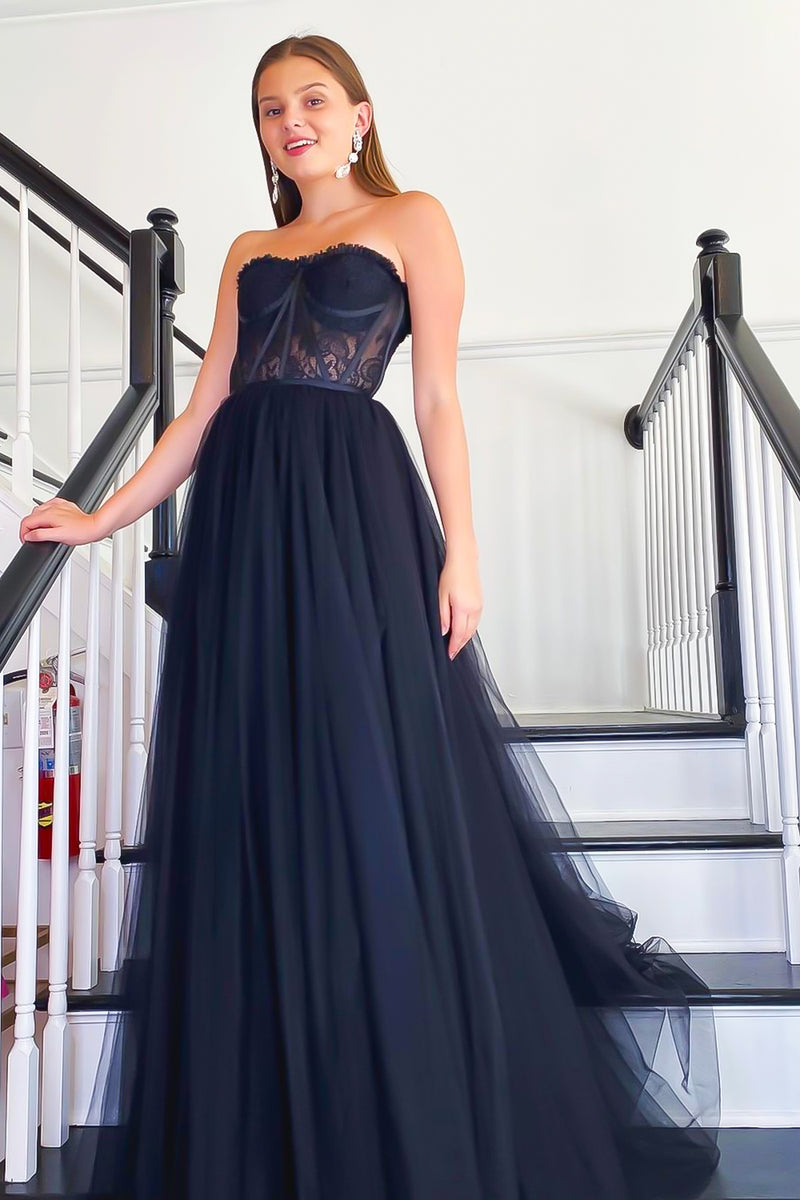 Load image into Gallery viewer, Black A-line Long Prom Dress with Lace_5