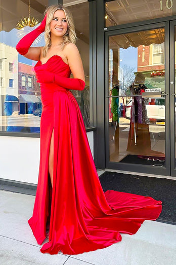 Red Sweetheart Mermaid Satin Long Prom Dress with Slit