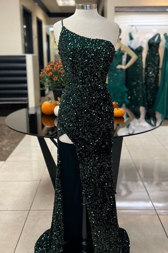 Sparkly Dark Green One Shoulder Mermaid Long Prom Dress with Slit