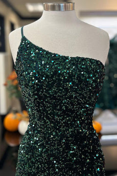 Sparkly Dark Green One Shoulder Mermaid Long Prom Dress with Slit