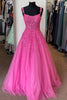 Load image into Gallery viewer, Glitter Hot Pink A-line Floral Tulle Long Prom Dress