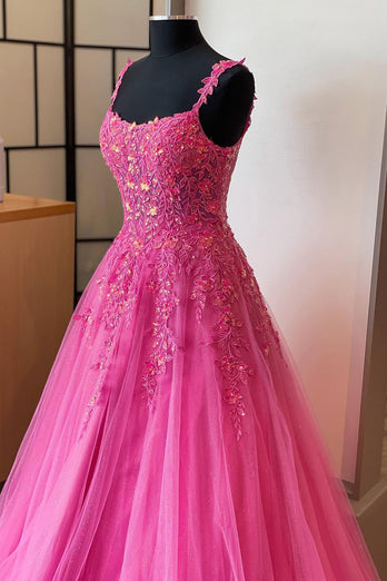 Glitter Hot Pink A-line Floral Tulle Long Prom Dress