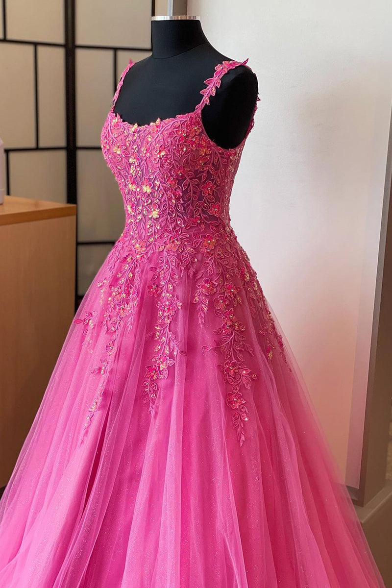 Load image into Gallery viewer, Glitter Hot Pink A-line Floral Tulle Long Prom Dress