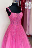 Load image into Gallery viewer, Glitter Hot Pink A-line Floral Tulle Long Prom Dress