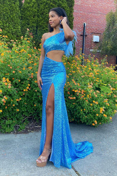 Sparkly Blue Feathered One Shoulder Cut-Out Mermaid Long Prom Dress with Slit